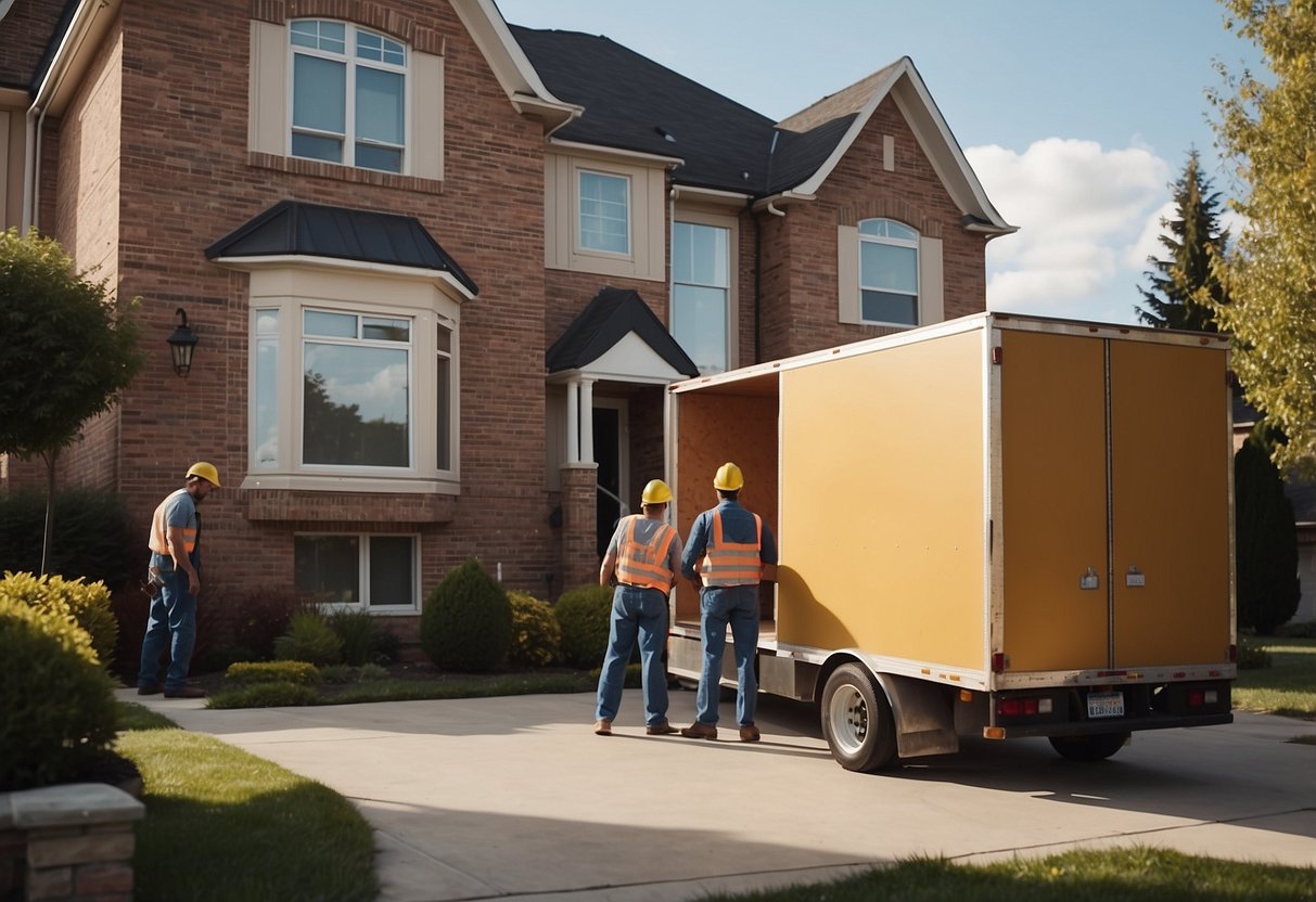 A delivery truck parked outside a home, with two workers unloading a sofa and carrying it towards the front door