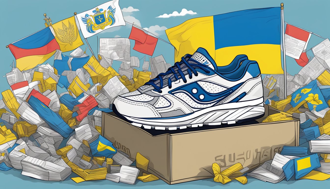 A Saucony shoe box with the Ukrainian flag draped over it, surrounded by supportive messages and symbols of solidarity