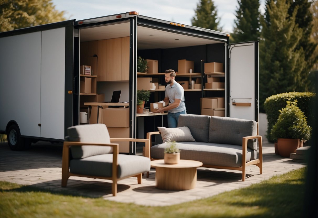 A delivery truck parks outside a modern home. Two workers unload a sleek sofa and coffee table, while a third carries in a flat-packed bookshelf