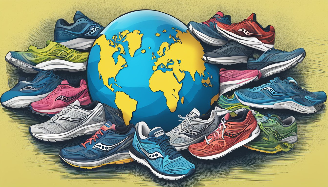 A Saucony logo surrounded by running shoes, with a globe in the background. The words "Support Ukraine" are prominently displayed