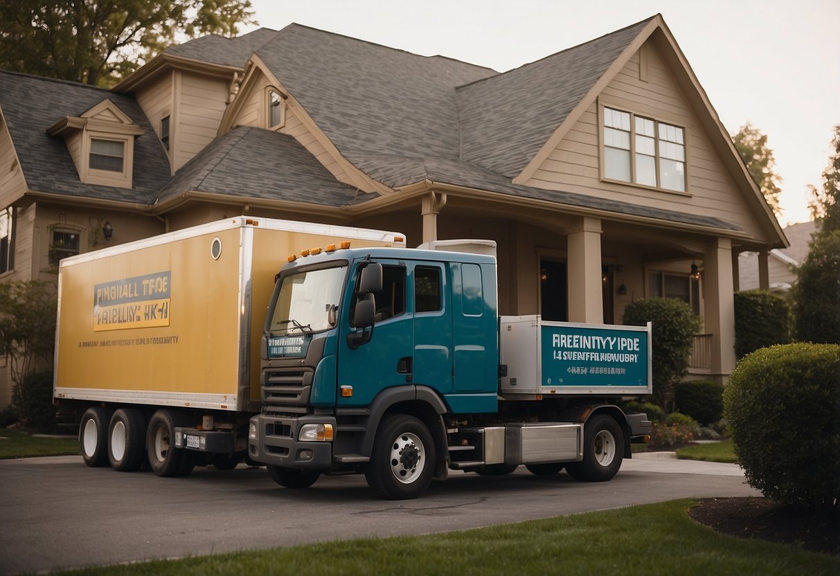 A delivery truck pulls up to a house, unloading furniture with a "Frequently Asked Questions" label