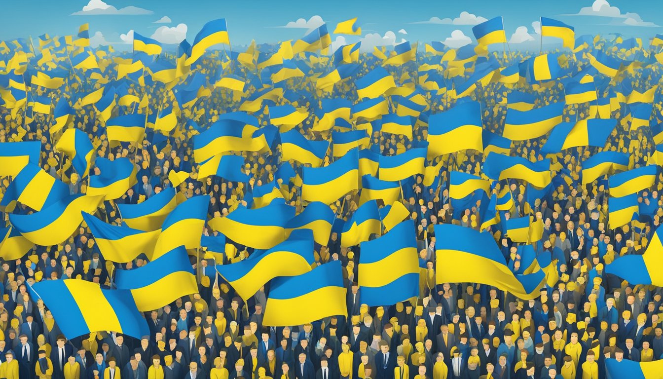 A crowd waves Ukrainian flags in a sea of blue and yellow, while a large banner reads "Global Support for Ukraine."