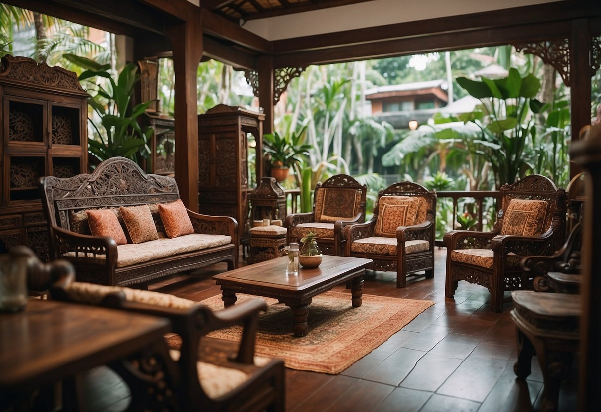A serene Balinese furniture store in Singapore, with intricately carved wooden chairs, ornate teak tables, and vibrant batik cushions