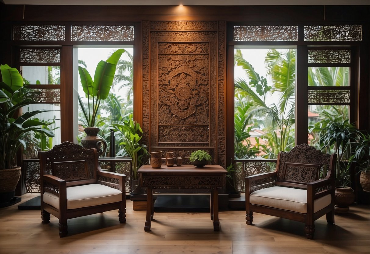 A cozy showroom in Singapore displays intricately carved Balinese furniture, with ornate details and rich wood tones