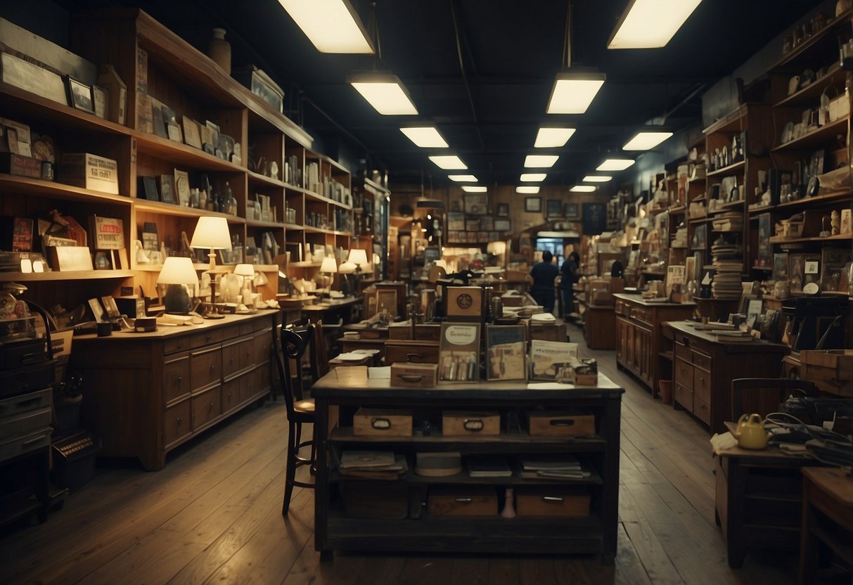A cluttered, dimly lit shop with rows of mismatched furniture. Signs advertise low prices and discounts. Shoppers sift through bargain items