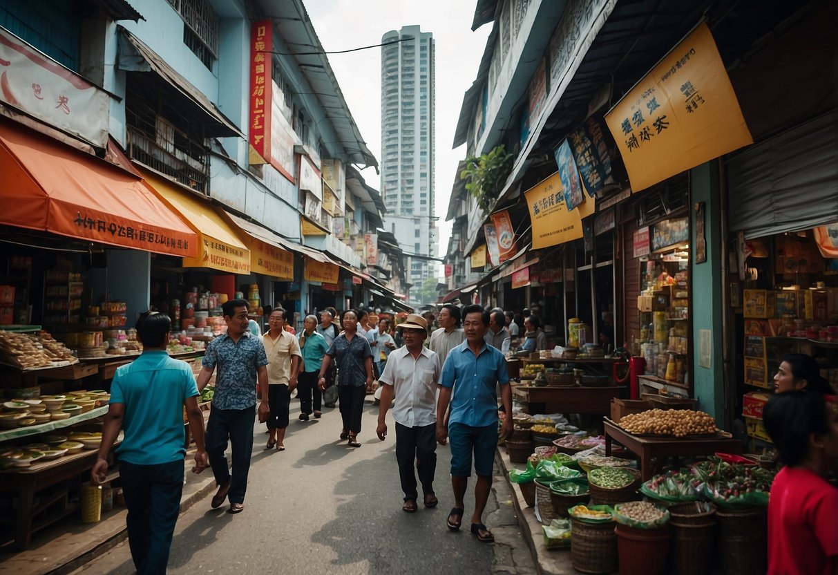 A bustling street in Johor Bahru, with colorful signs and banners adorning the storefronts of various furniture shops. Customers are seen entering and exiting, while vendors call out their best deals