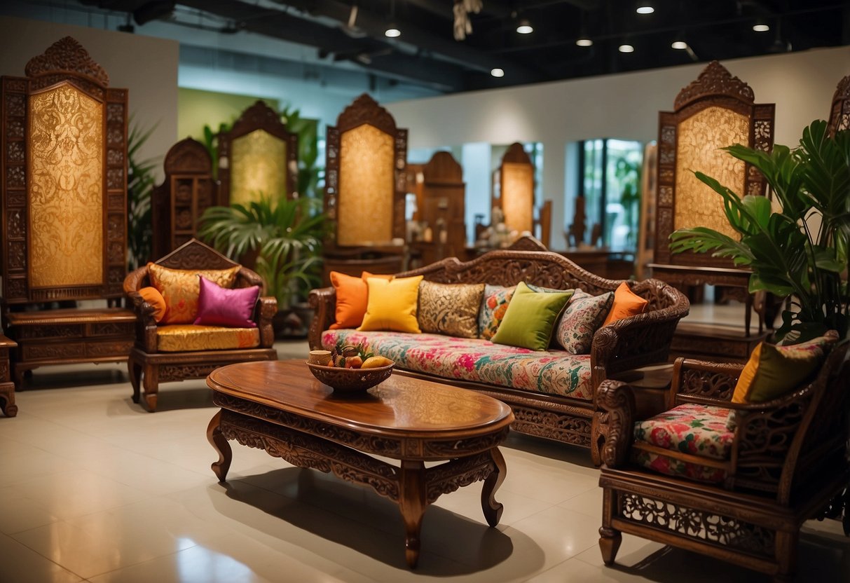 A vibrant display of Balinese furniture fills a spacious showroom in Singapore, showcasing intricately carved wooden tables, ornate chairs, and colorful textiles