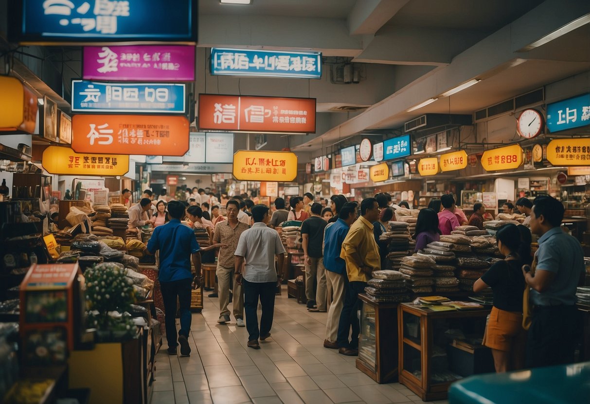A crowded furniture shop in Johor Bahru, with customers browsing and staff assisting. Brightly colored signs advertise "cheapest prices" and "frequently asked questions" displayed prominently
