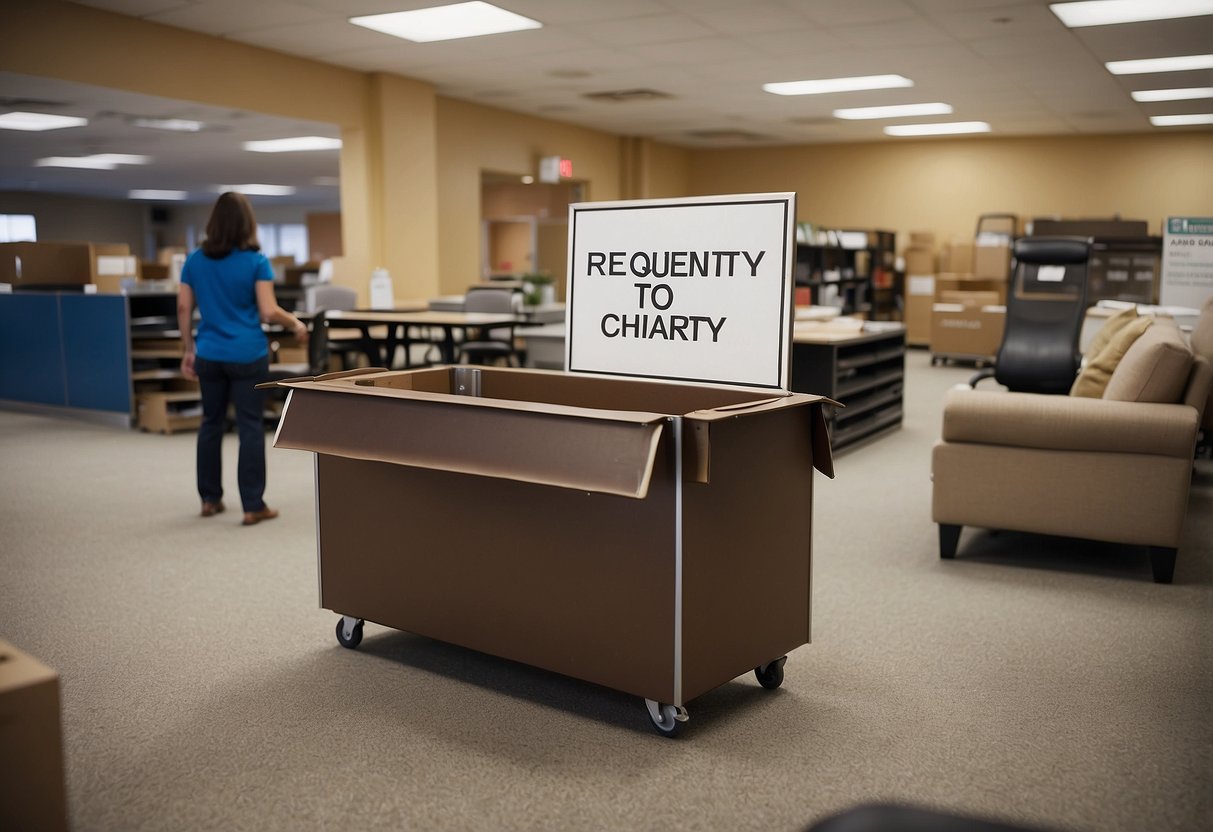 Furniture being dropped off at a charity donation center with a sign that reads "Frequently Asked Questions: donate furniture to charity"