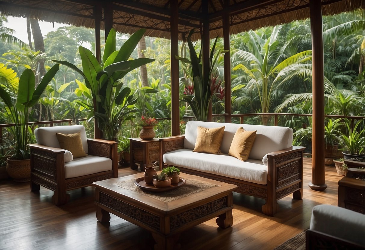 A cozy living room with elegant Balinese furniture, including intricately carved wooden chairs and a teak coffee table, set against a backdrop of lush tropical plants and traditional Balinese décor