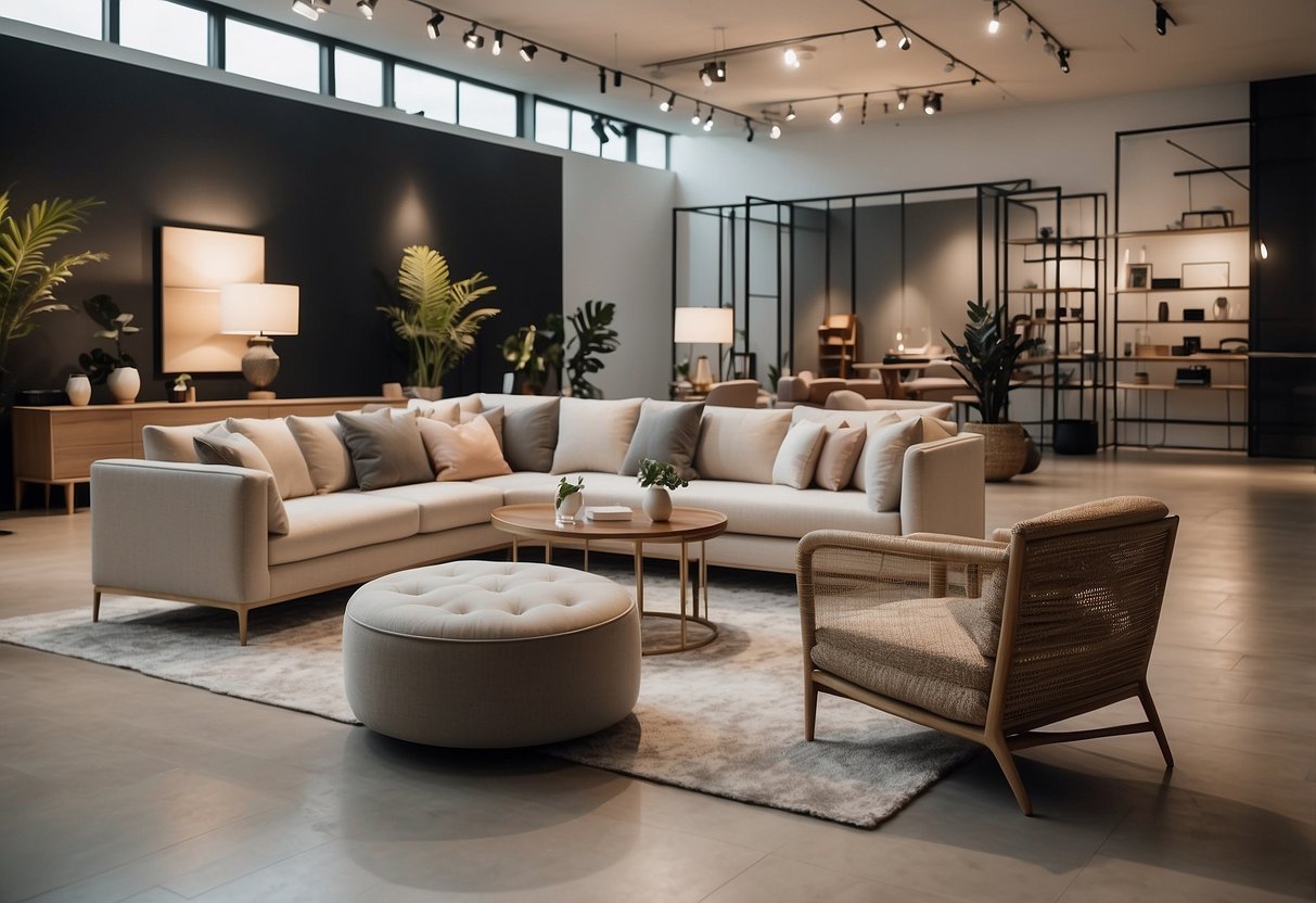 A showroom filled with modern furniture brands, each piece displayed in a stylish setting with clean lines and neutral colors