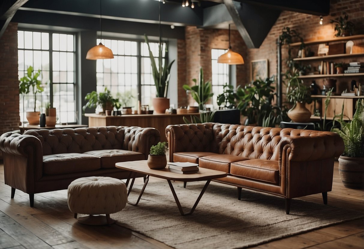 A room with a mix of modern and vintage furniture styles, including sleek leather sofas, mid-century chairs, and rustic wooden tables