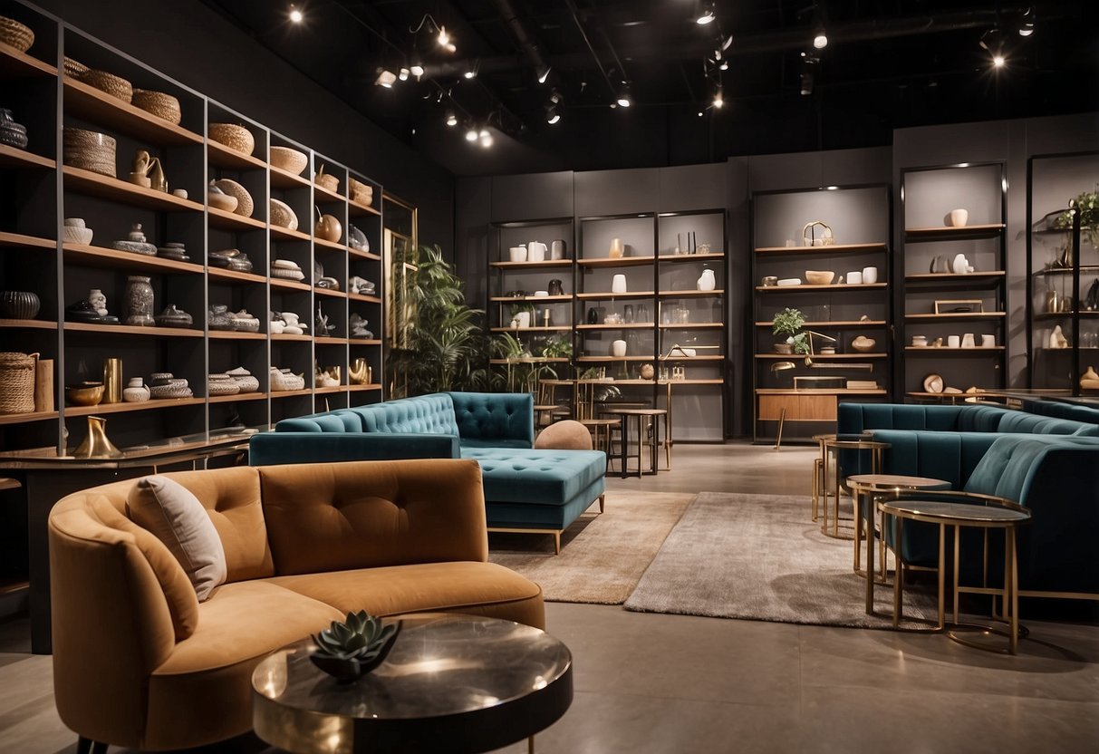 A showroom displaying top furniture brands with logos and products neatly arranged on shelves and tables