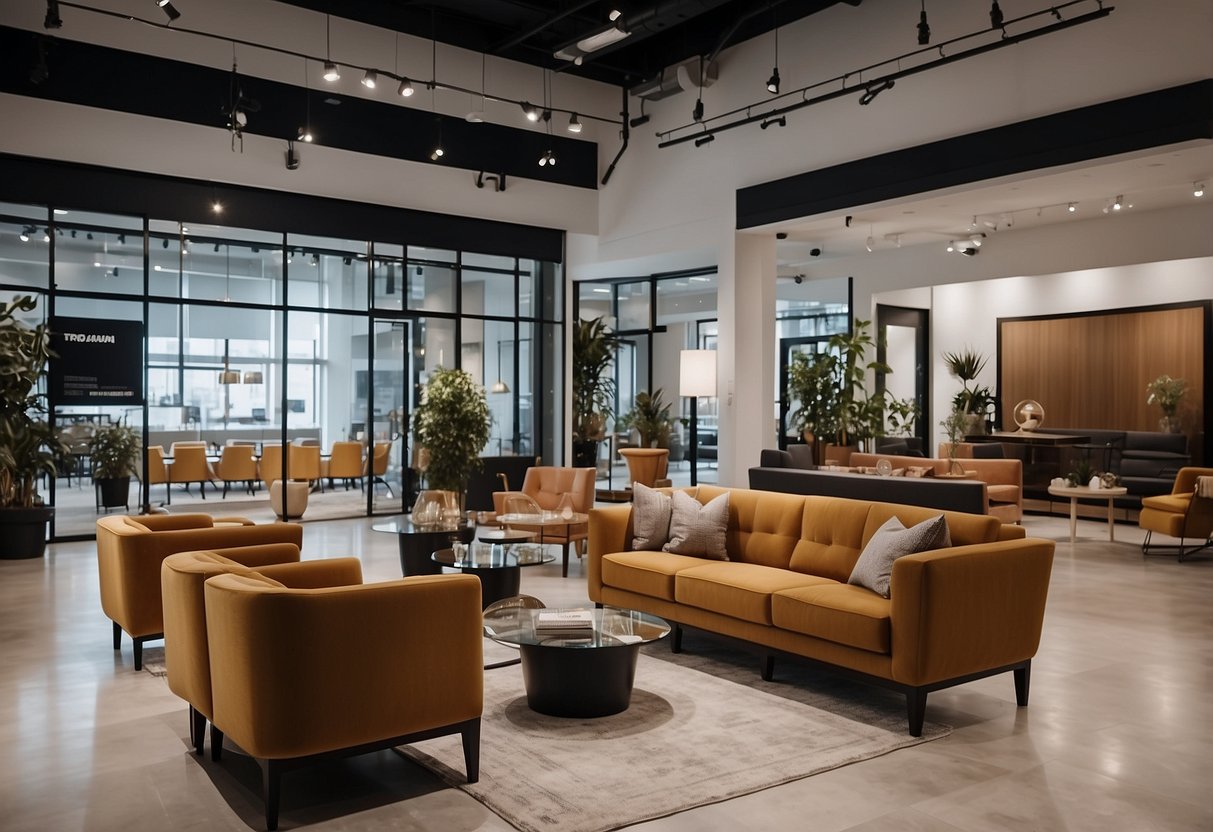 A sleek, modern furniture showroom with a prominent "Frequently Asked Questions" list displayed near the entrance