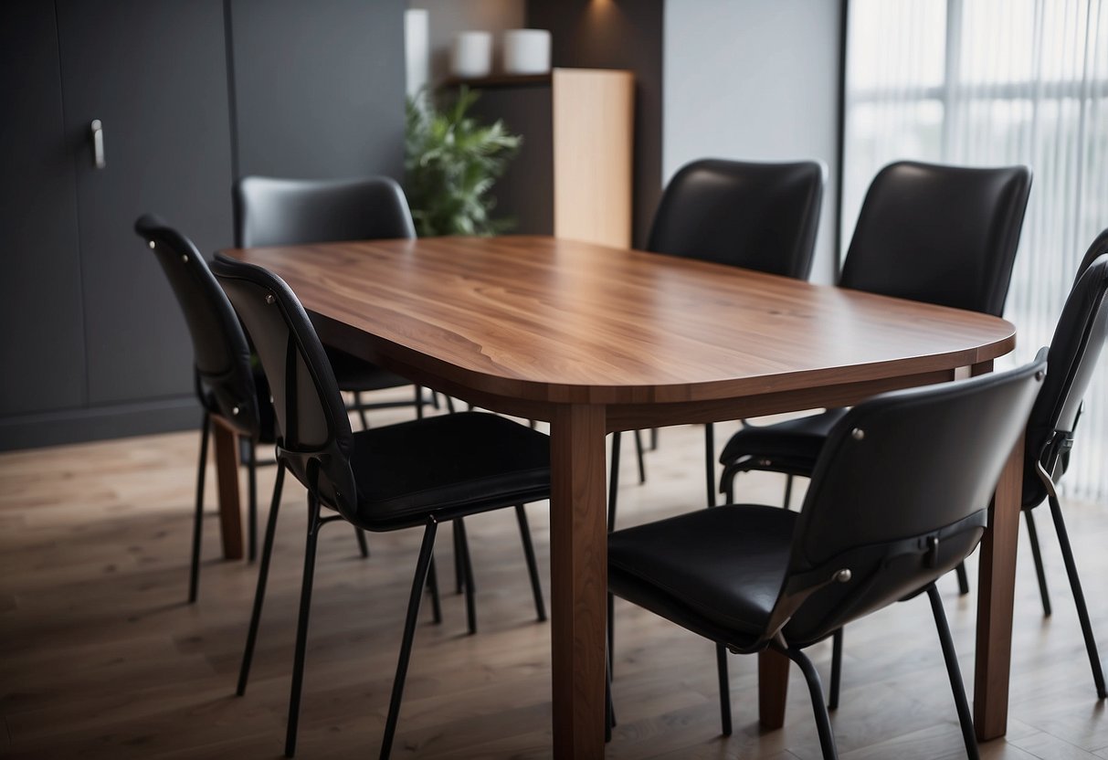 A table with a corner guard attached, protecting the edge from damage. A chair nearby also has a guard installed