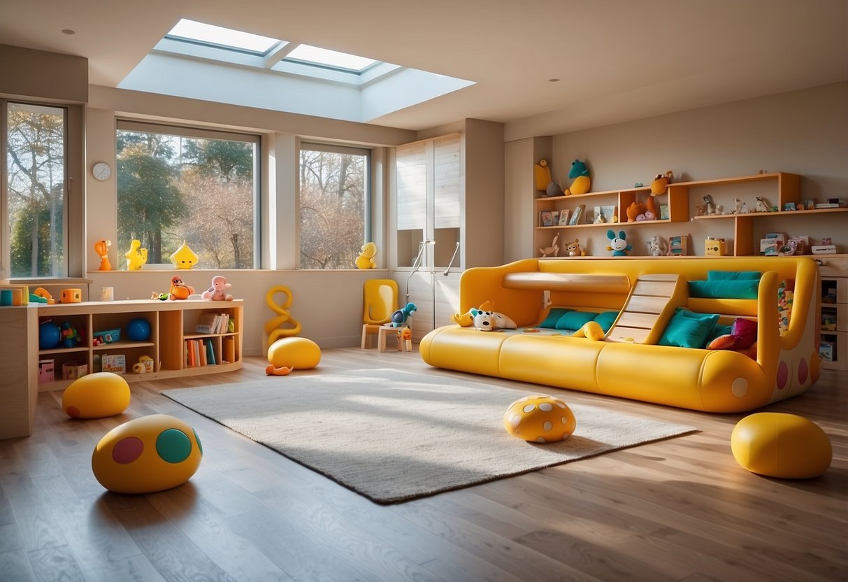 A room with child safety furniture corner guards installed on sharp edges and corners, creating a safe environment for children to play and explore