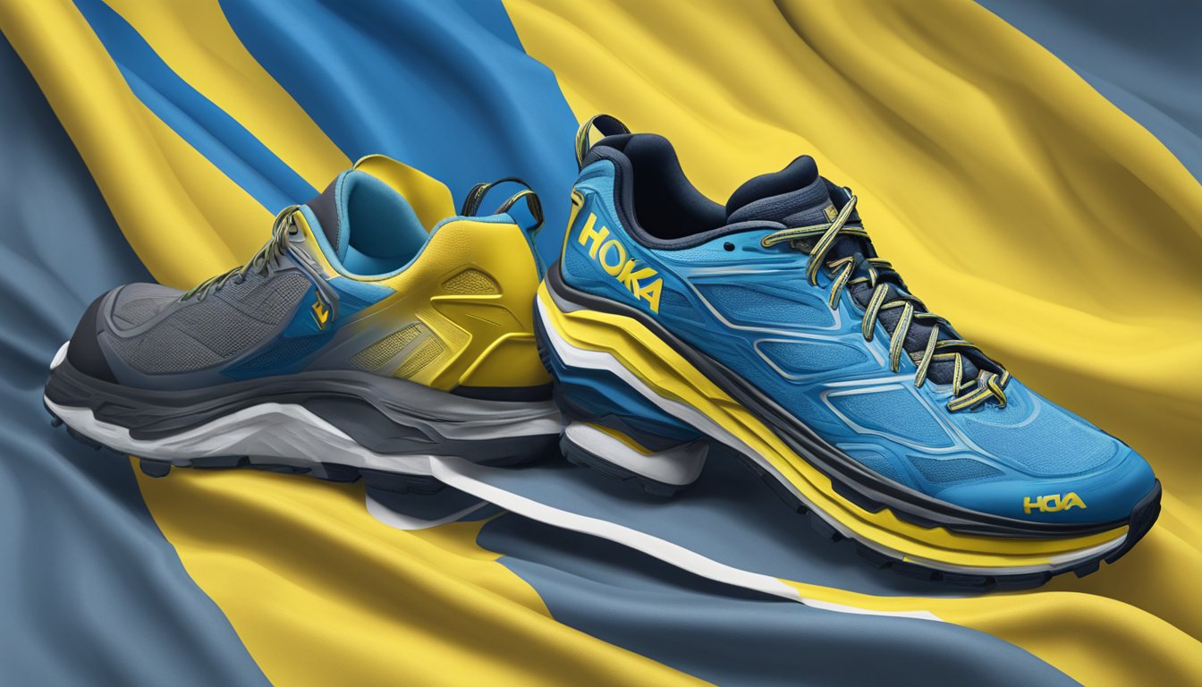 A pair of Hoka One One shoes sits atop a Ukrainian flag, symbolizing support for Ukraine