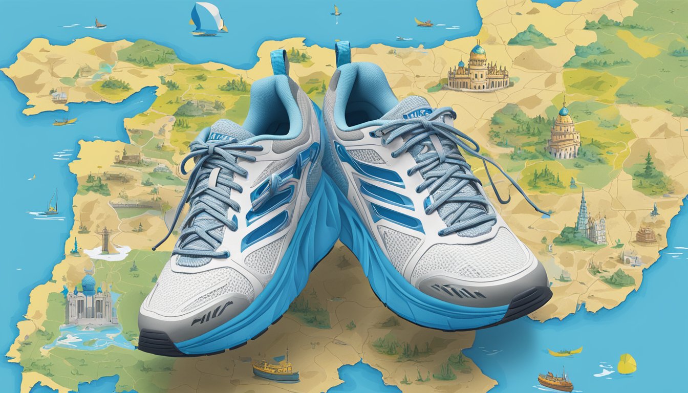 A pair of Hoka One One shoes stands in front of a map of Ukraine, surrounded by symbols of support and philanthropy