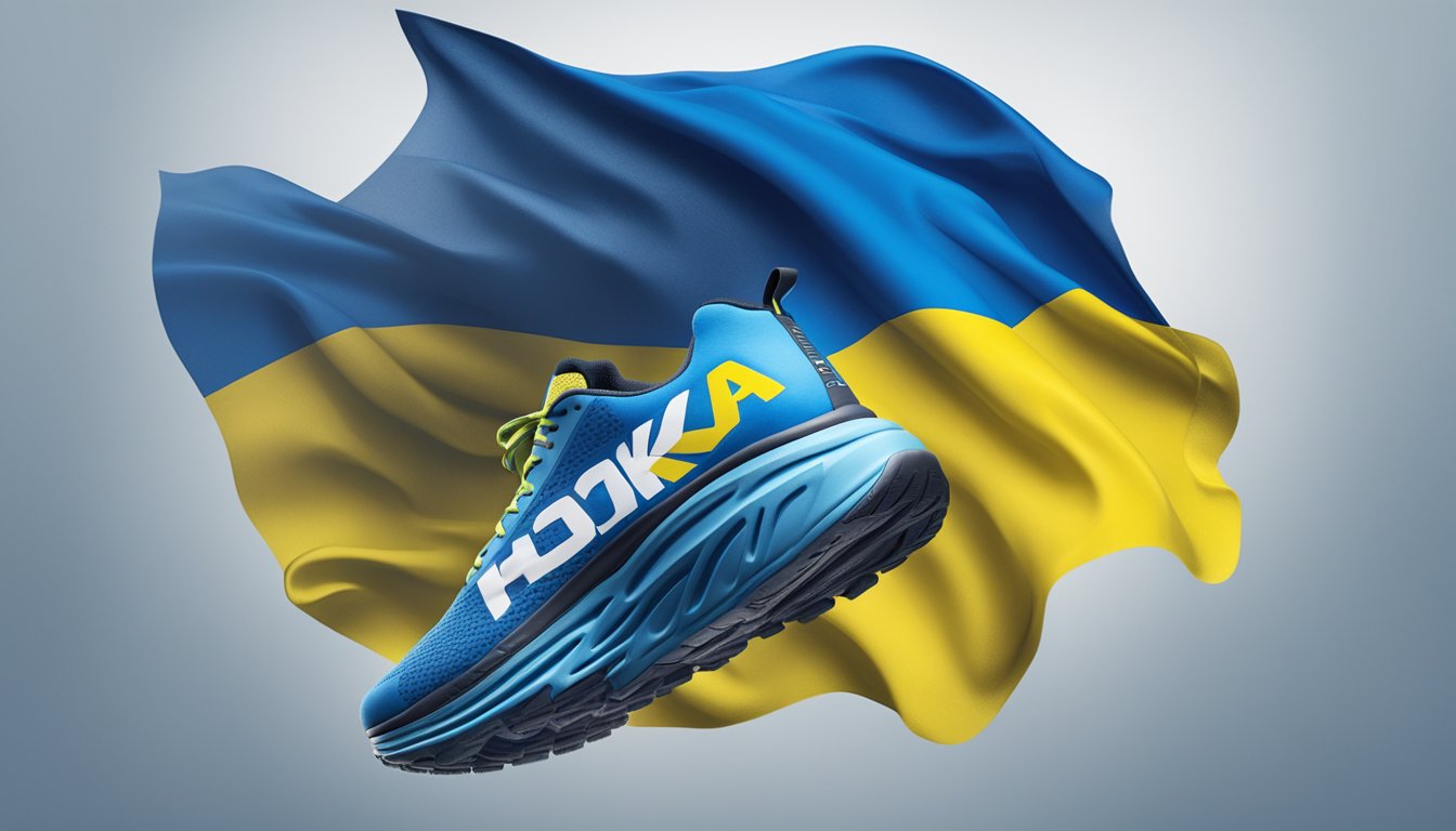 Hoka One One logo displayed with Ukraine flag in background