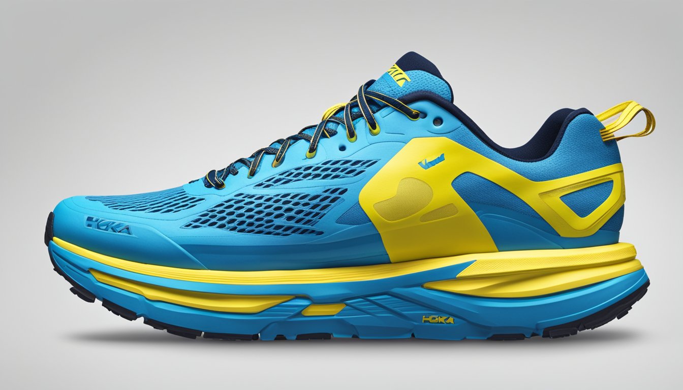 A lineup of Hoka One One products, with Ukraine flag colors and support messaging