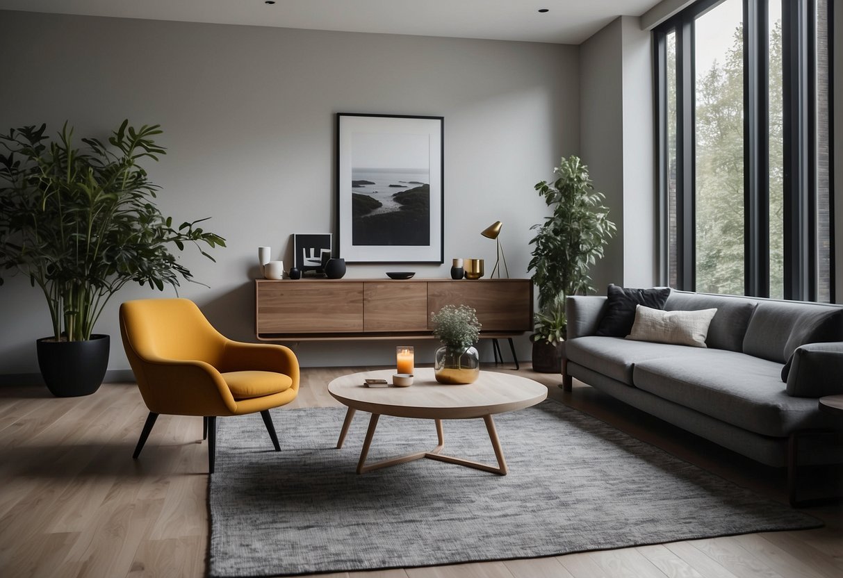 A modern living room with sleek, minimalist furniture and a pop of color. A cozy reading nook with a comfortable armchair and a stylish side table. A spacious dining area with a large, elegant table and matching chairs