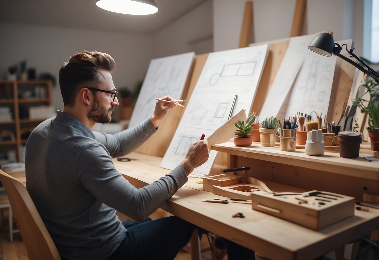 A designer sketches a modern chair, surrounded by tools and materials, in a bright, spacious studio