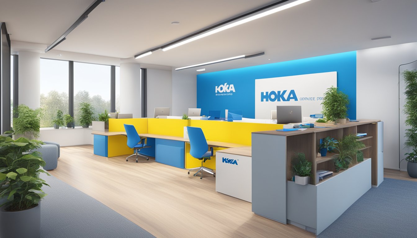 A corporate office with Hoka One One branding and Ukraine flag displayed