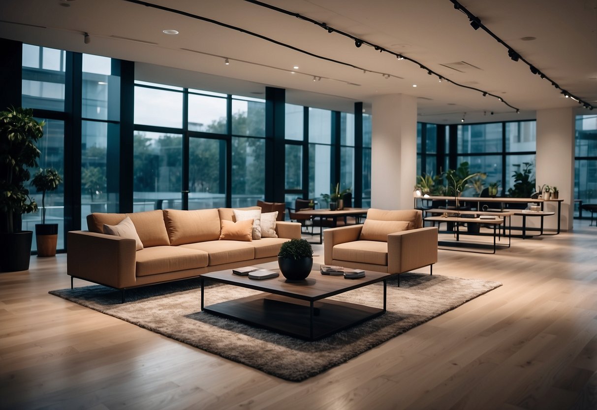 A modern, minimalist furniture showroom with sleek, innovative designs and a display of Frequently Asked Questions about the products