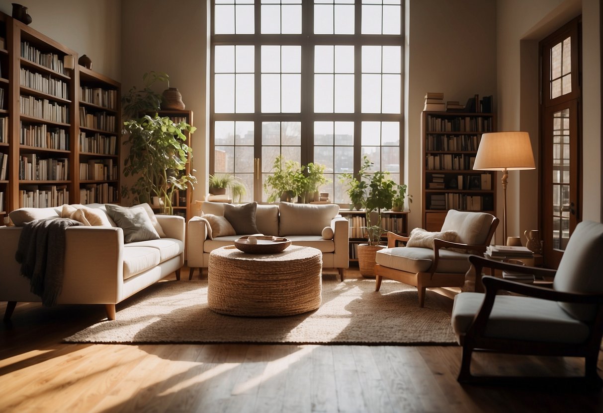 A cozy living room with a plush sofa, wooden coffee table, and a stylish armchair. A large bookshelf filled with books and decorative items. Bright sunlight streaming in through the window, casting warm shadows on the floor