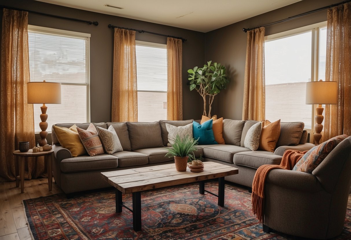 A cozy living room in El Paso, Texas with a large, comfortable sofa, a rustic coffee table, and a colorful area rug. The windows are adorned with flowing curtains, and the walls are decorated with local artwork