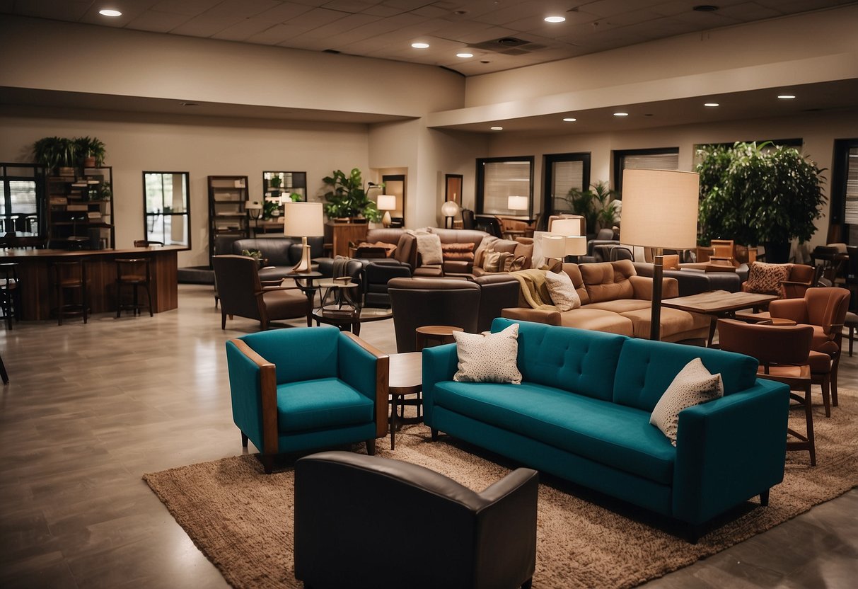 A room filled with various furniture pieces, including tables, chairs, and sofas. A sign reads "Frequently Asked Questions furniture el paso" in the background