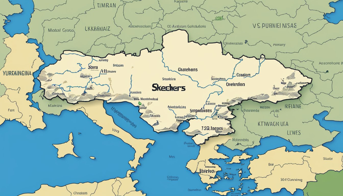 Skechers' logo displayed with a map of Ukraine in the background, symbolizing support for the country during the crisis