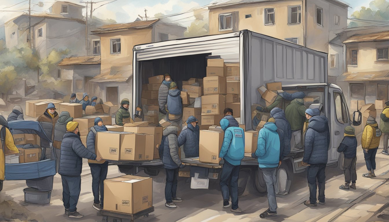 Skechers' Humanitarian Efforts: A scene of aid being delivered to Ukraine by Skechers, including supplies and support for those in need