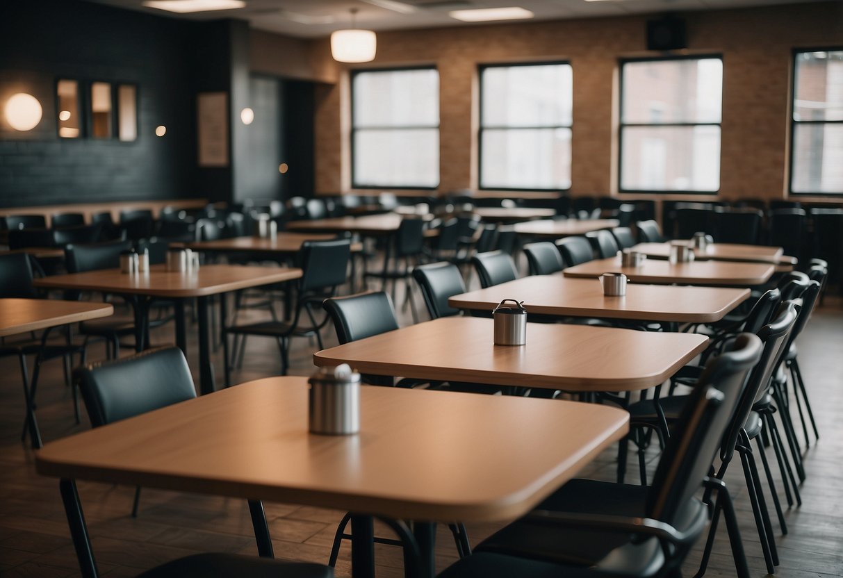 A room with scattered chairs and tables