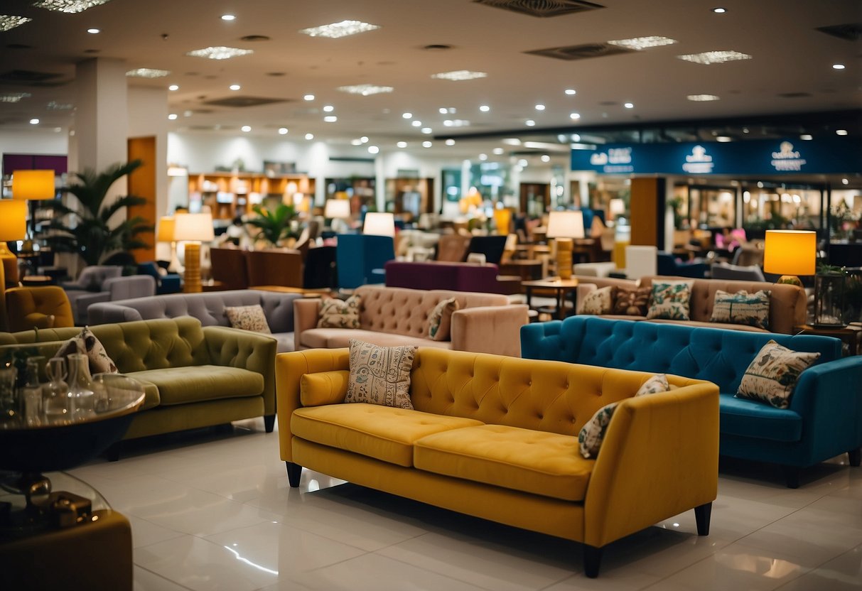A bustling furniture shop in Johor Jaya, filled with colorful displays and customers browsing through the wide selection of home furnishings