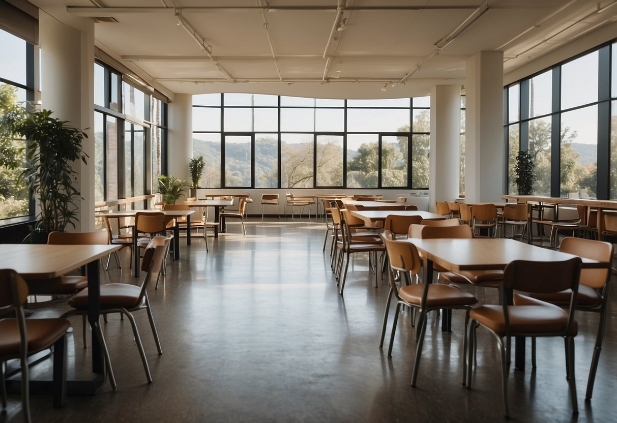 Various chairs, tables, and shelves scattered in a spacious room with natural light streaming in through large windows