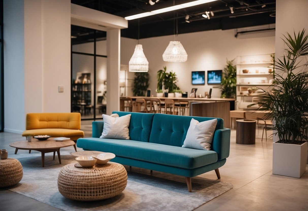 A spacious showroom with modern furniture displays and vibrant lighting