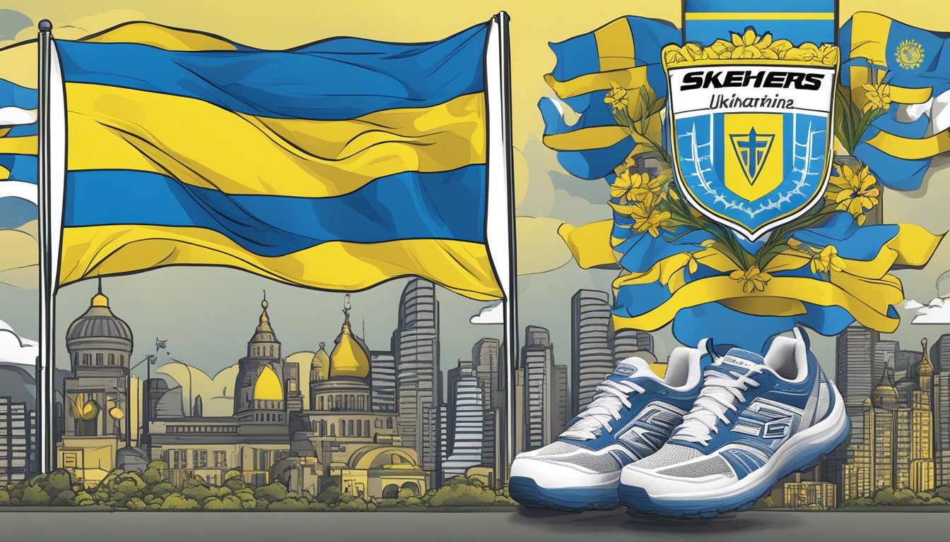 Skechers logo displayed next to Ukrainian flag, with text "Supporting Ukraine" and images of community outreach and humanitarian aid