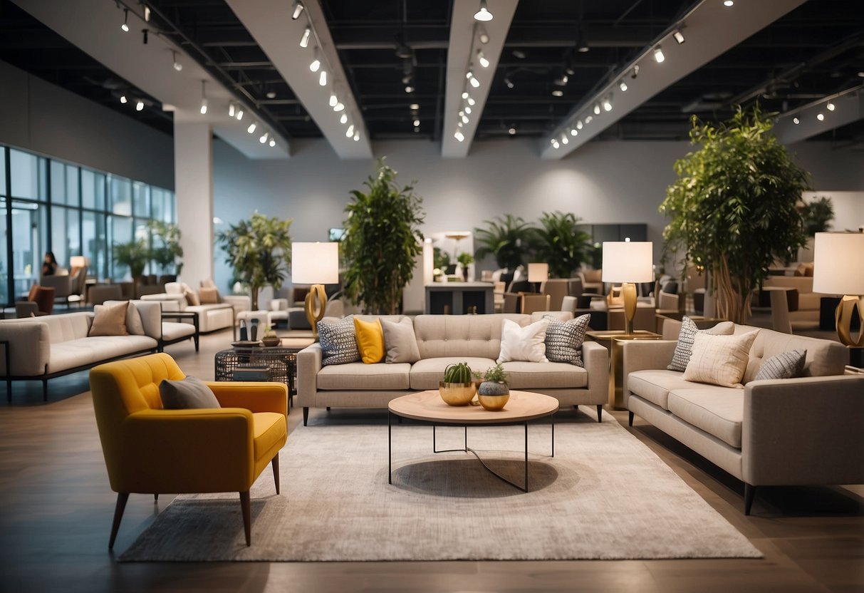 Customers browsing modern furniture displays in a spacious, well-lit showroom with elegant decor and comfortable seating areas