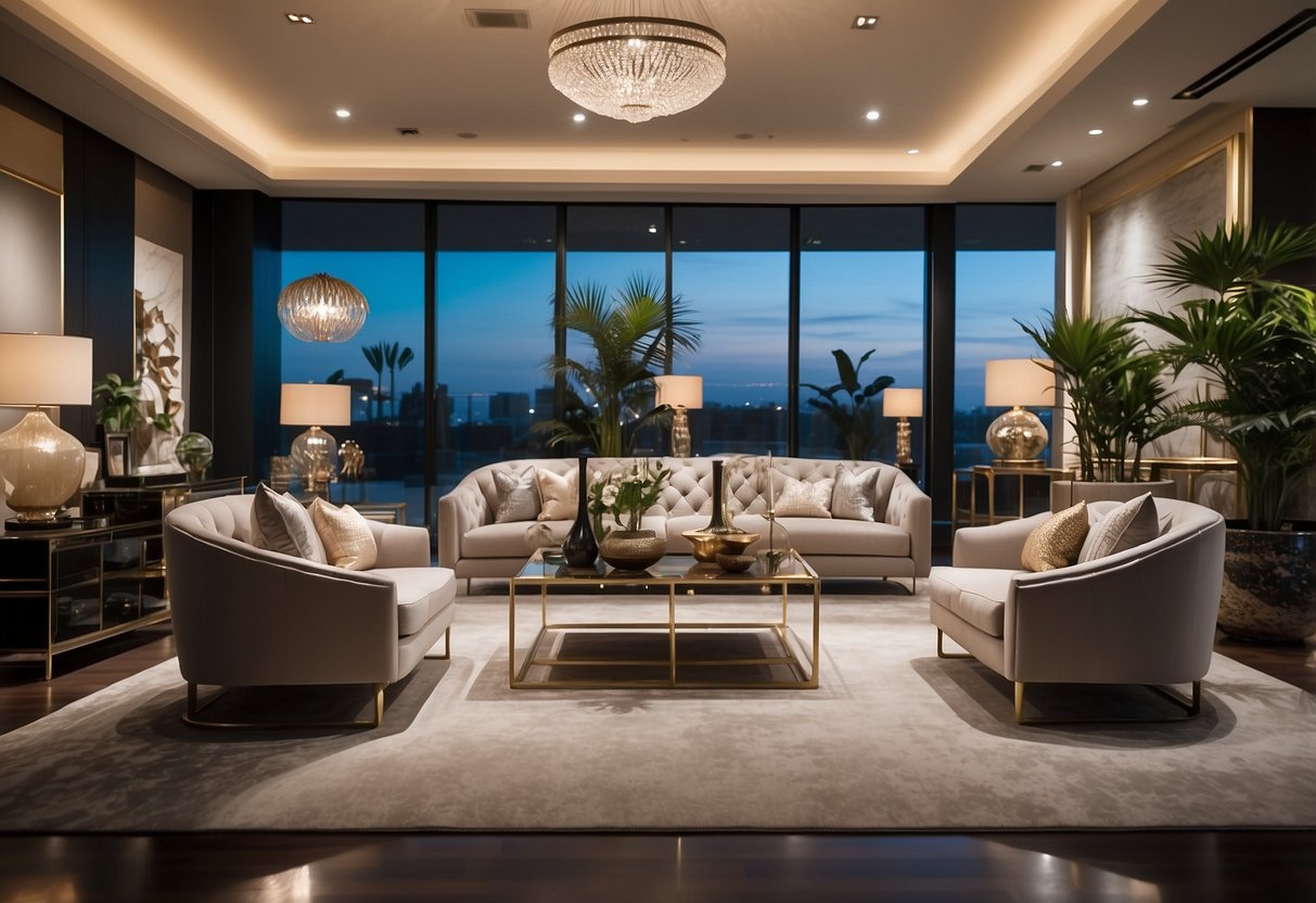 A showroom filled with luxurious furniture, sleek designs, and elegant finishes. Bright lights illuminate the space, highlighting the exquisite details of each piece