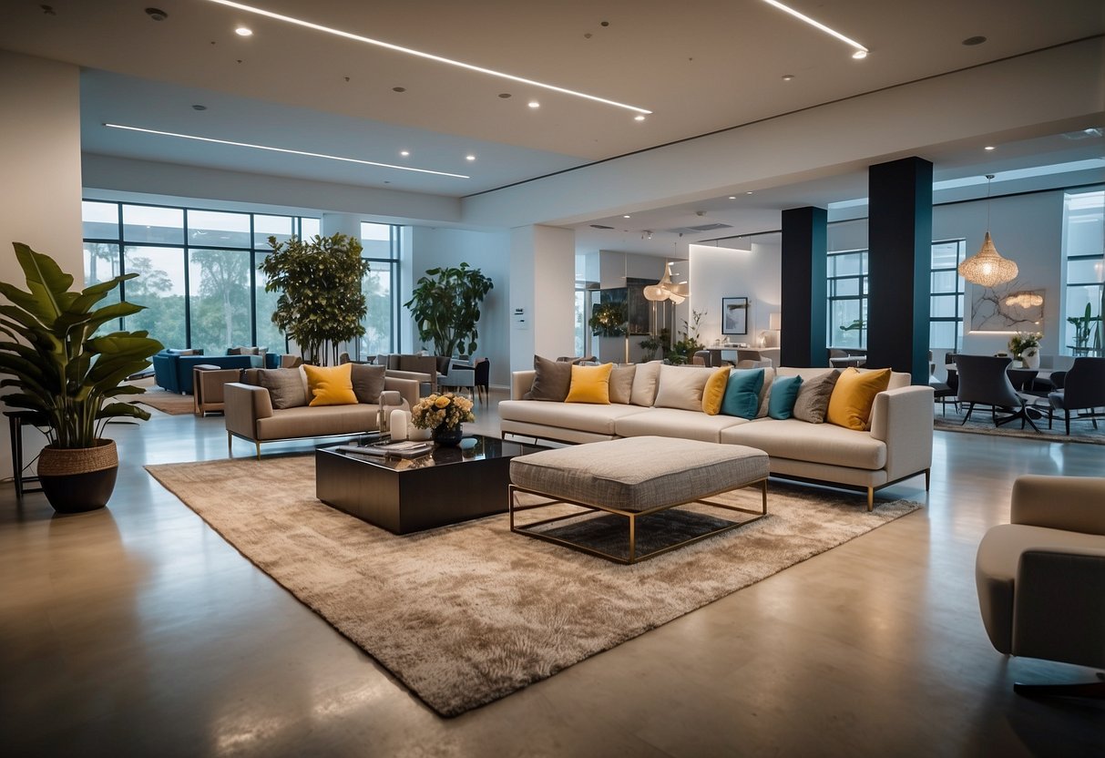 A spacious, well-lit showroom with modern furniture displays. Clean lines, bold colors, and sleek designs. Various pieces arranged in stylish vignettes