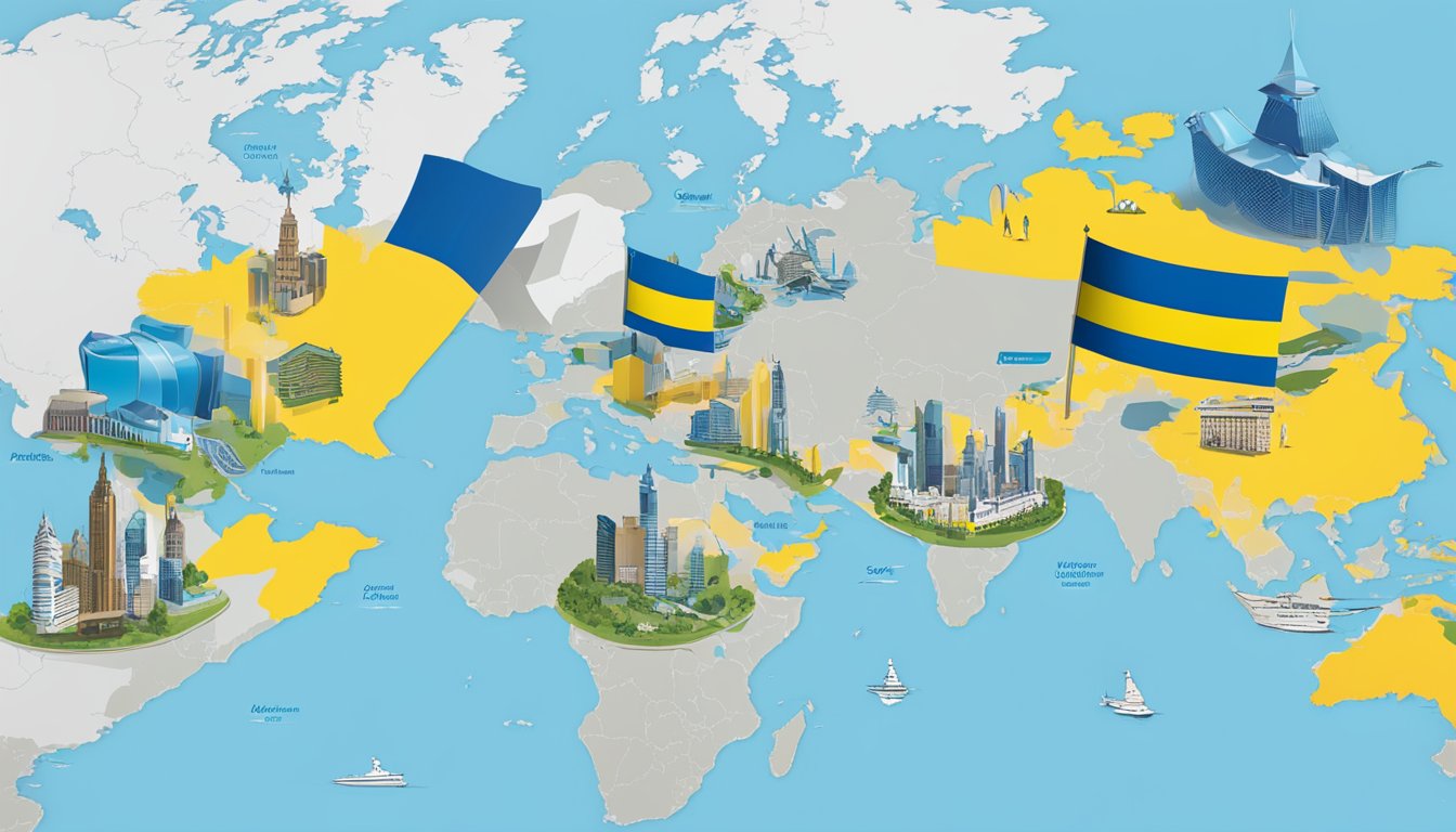 A world map with Skechers' global locations highlighted, including Ukraine. Skechers logo and Ukraine flag displayed together