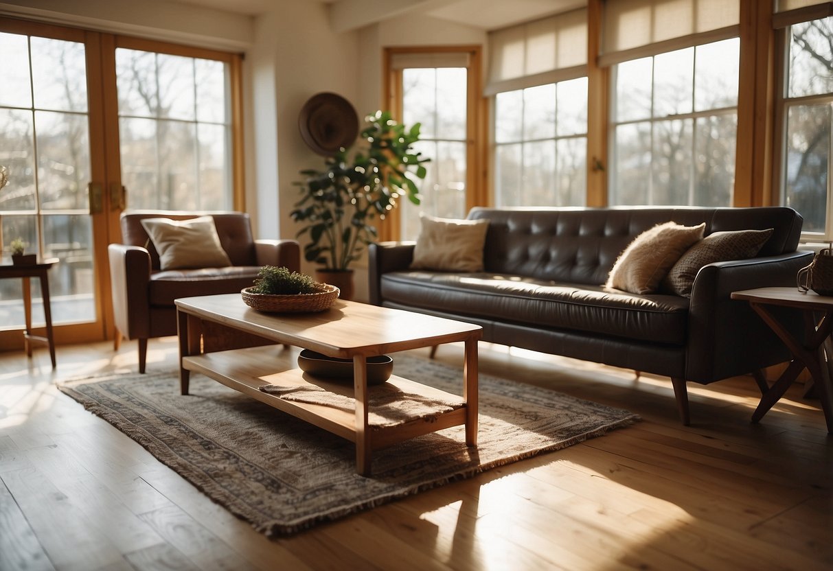 A spacious living room with a mix of modern and vintage loose furniture, including a cozy sofa, a sleek coffee table, and a retro armchair. Sunlight streams in through large windows, casting soft shadows on the hardwood floor