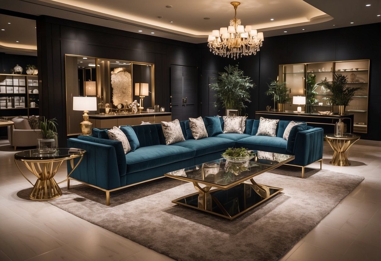 Luxurious furniture displays in upscale stores, with elegant decor and stylish designs, located in close proximity