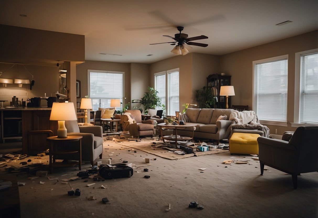 Furniture scattered, chairs overturned, lamps knocked askew, and tables upended in a chaotic living room