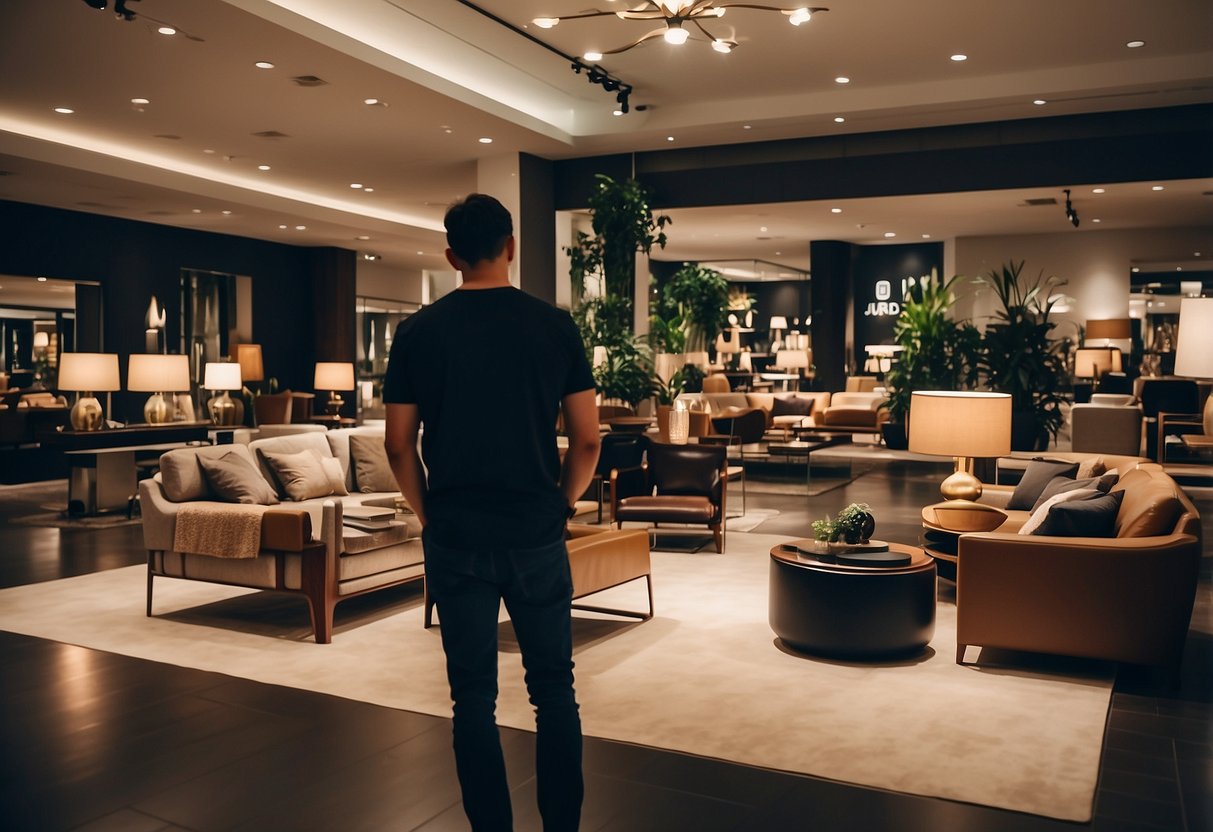 Customers browsing luxurious furniture displays in upscale stores
