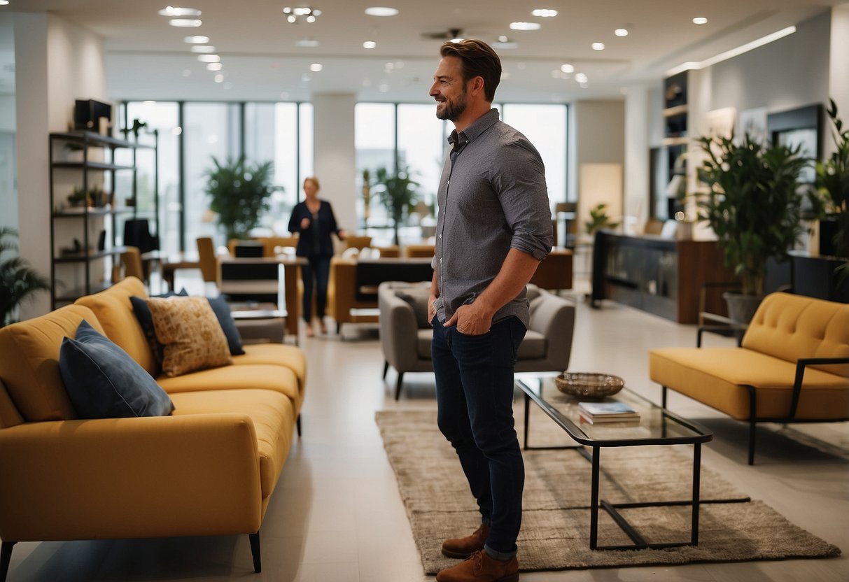 A spacious, well-lit showroom filled with modern furniture displays. A friendly staff member assists a customer, while others browse the sleek, stylish pieces
