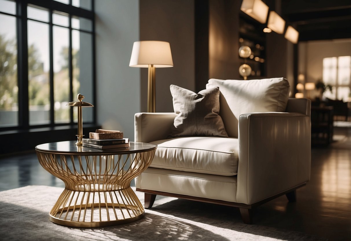 A sleek, modern armchair with clean lines and luxurious materials sits in a sunlit room, surrounded by other elegant, high-end furniture pieces
