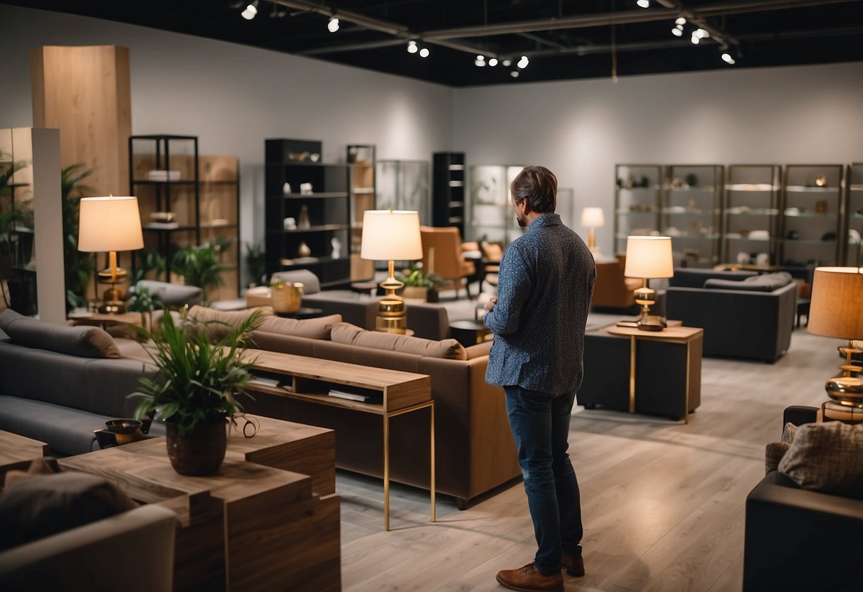 A person browsing through various home furniture options in a showroom, carefully examining different pieces and comparing them