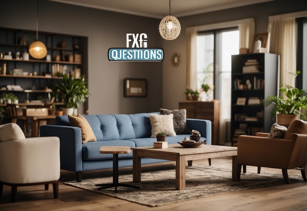 Various pieces of furniture scattered around a room, with a sign reading "Frequently Asked Questions" above them
